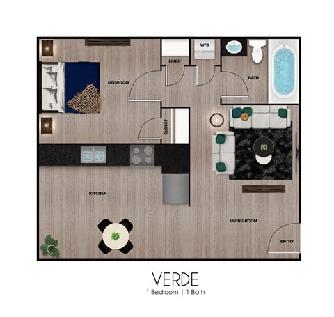 Floor plan for 1 bed, 1 bath, 740 sqft